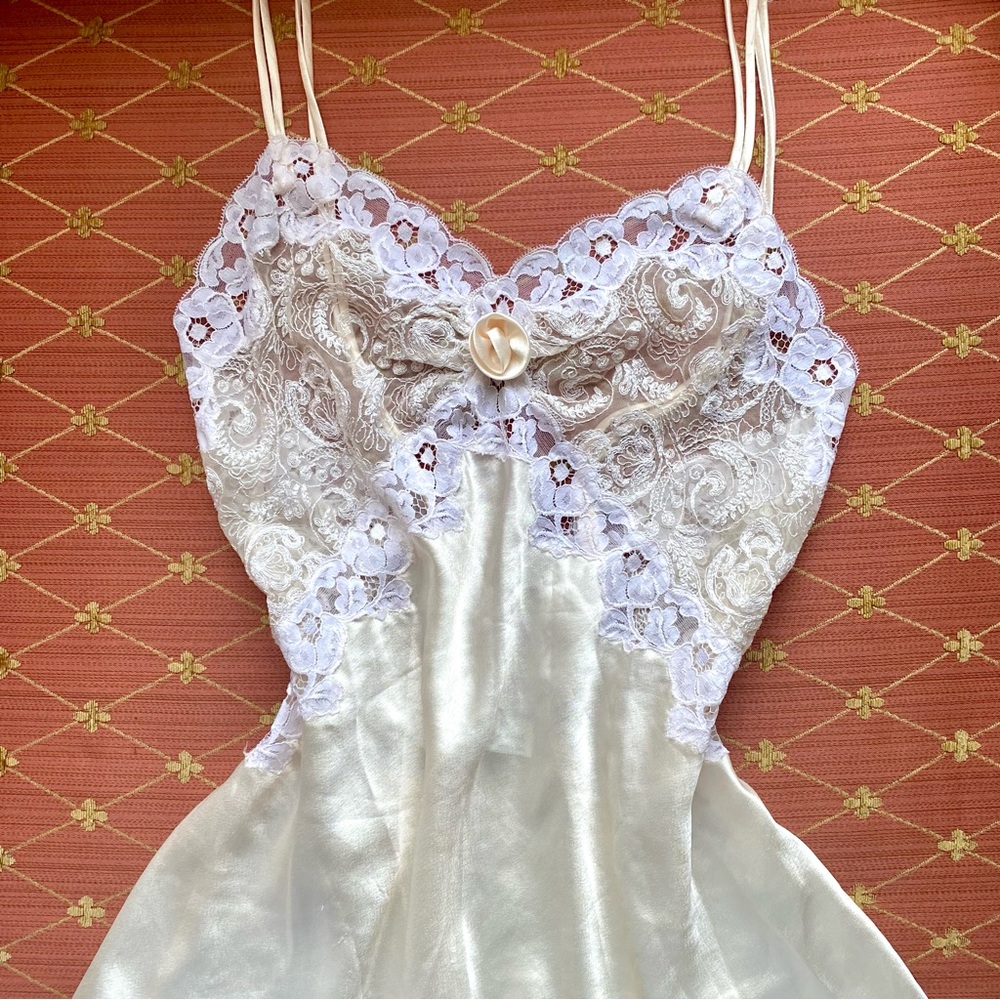 Vintage Christian Dior Cream White Chemise Satin Slip Elegant Lace Lingerie Gown